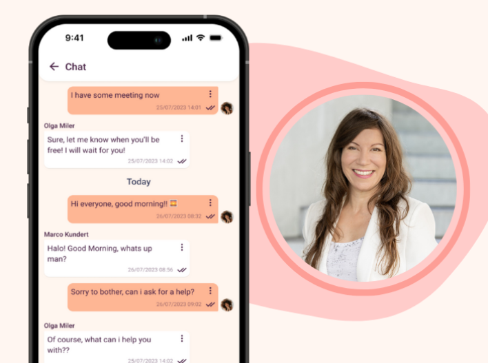 Live Coaching Teaser English Mobile phone with chat and image of Olga Miler in a circle